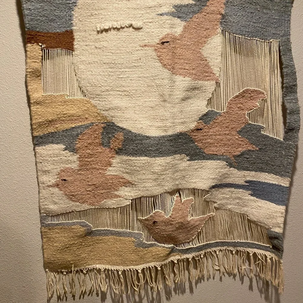 Vintage Wool Woven Bird‎ & Sun Tapestry Wall Art - 51x36 Handwoven